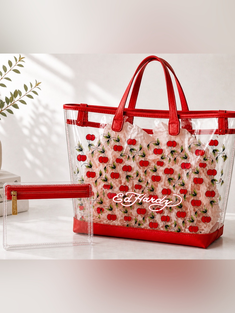 New Ed Hardy Cherry Clear Tote Y2K Red PVC Bag w/ Pouch Coquette Aesthetic